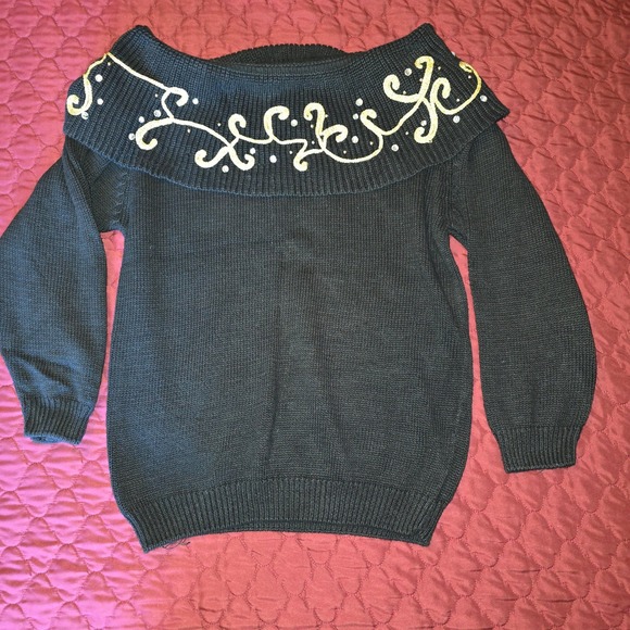 VINTAGE Cowlneck‎ Black Sweater Gold Details Sparkles Women - Picture 1 of 8